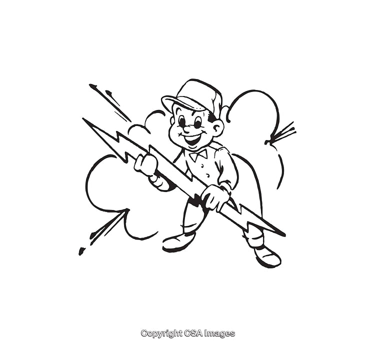 Black And White Line Art of a Worker Holding a Lightning Bolt