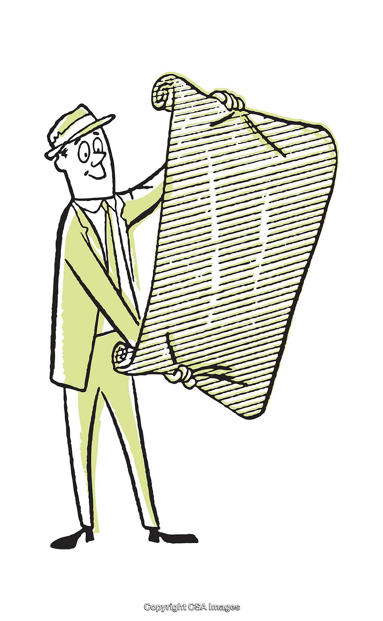 Cartoon Man Reviewing a Detailed Scroll or Blueprint Illustration