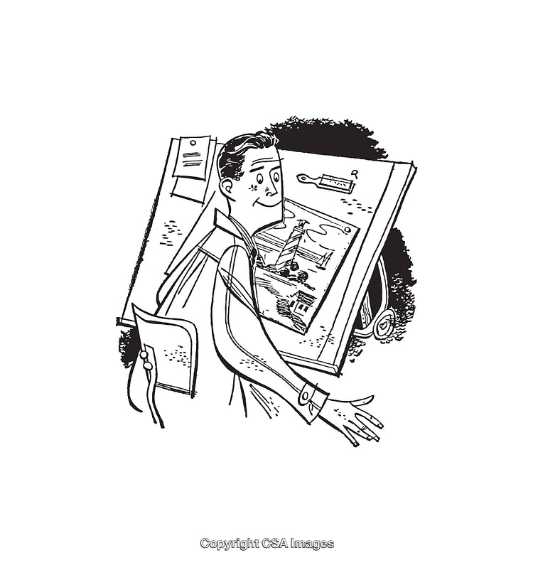 Black and White Line Art Illustration of an Artist at Drawing Desk