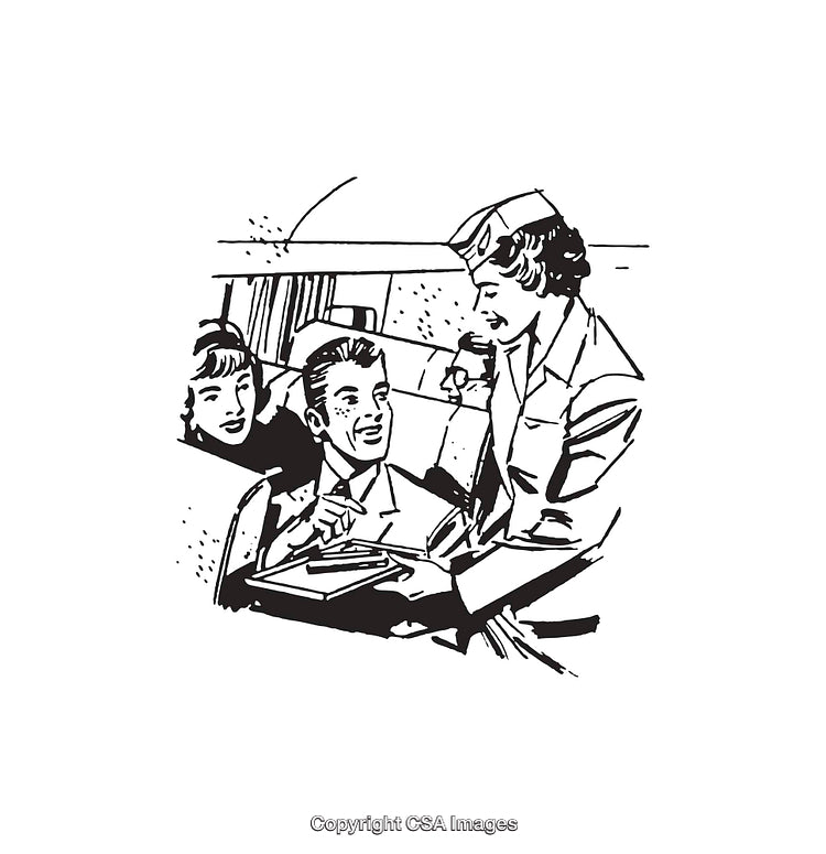 Vintage Illustration of Travel Scene Featuring Flight Crew and Passengers