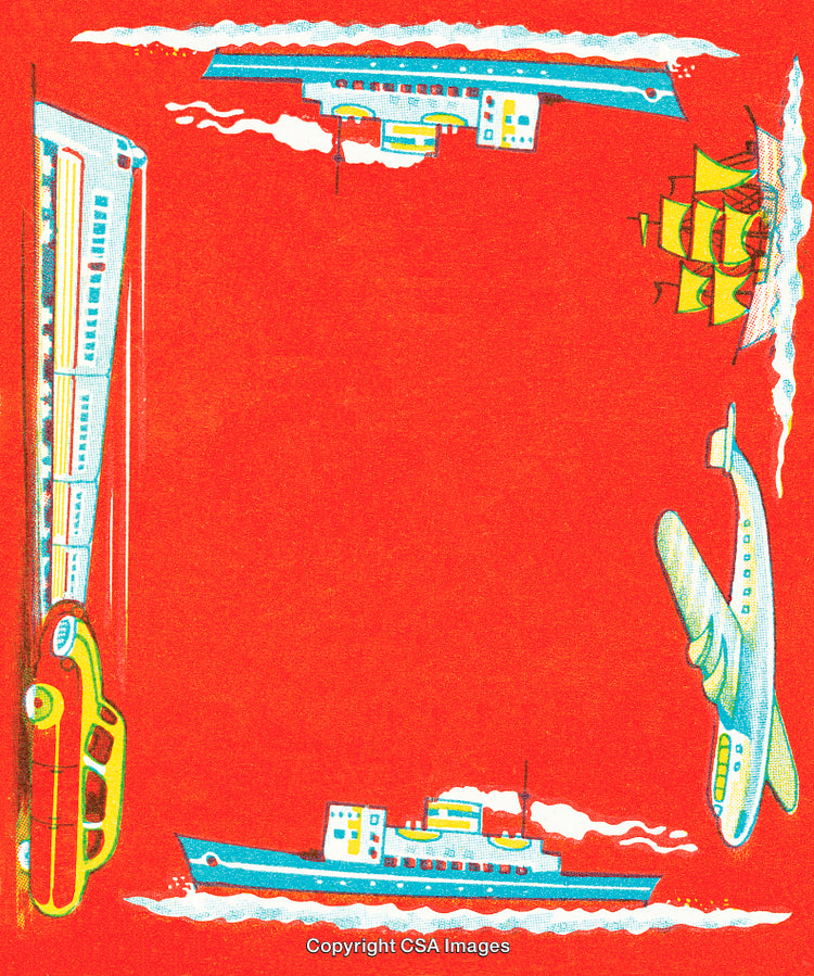Vibrant Transportation Illustration Featuring Ships, Train, Car, and Airplane