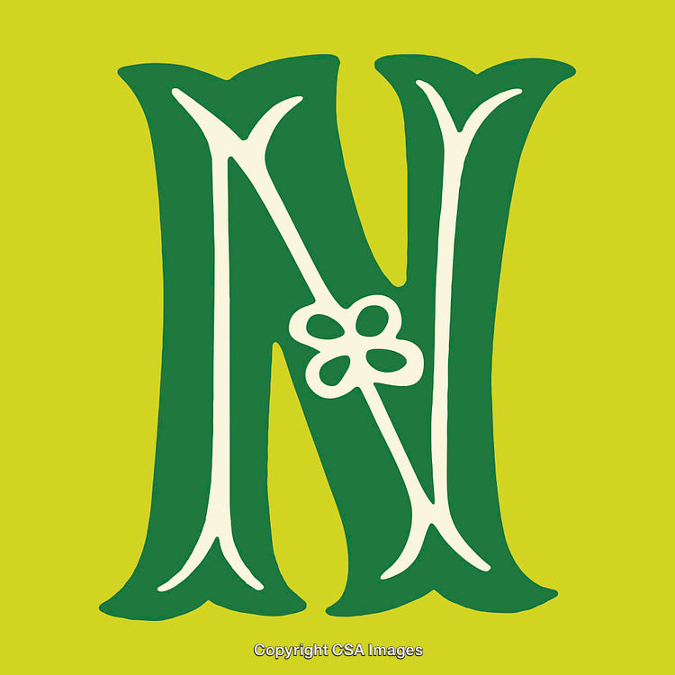Green Decorative Letter N with Floral Elements on Yellow Background
