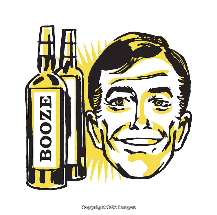 Retro Style Illustration of a Smiling Man with Bottles of Booze