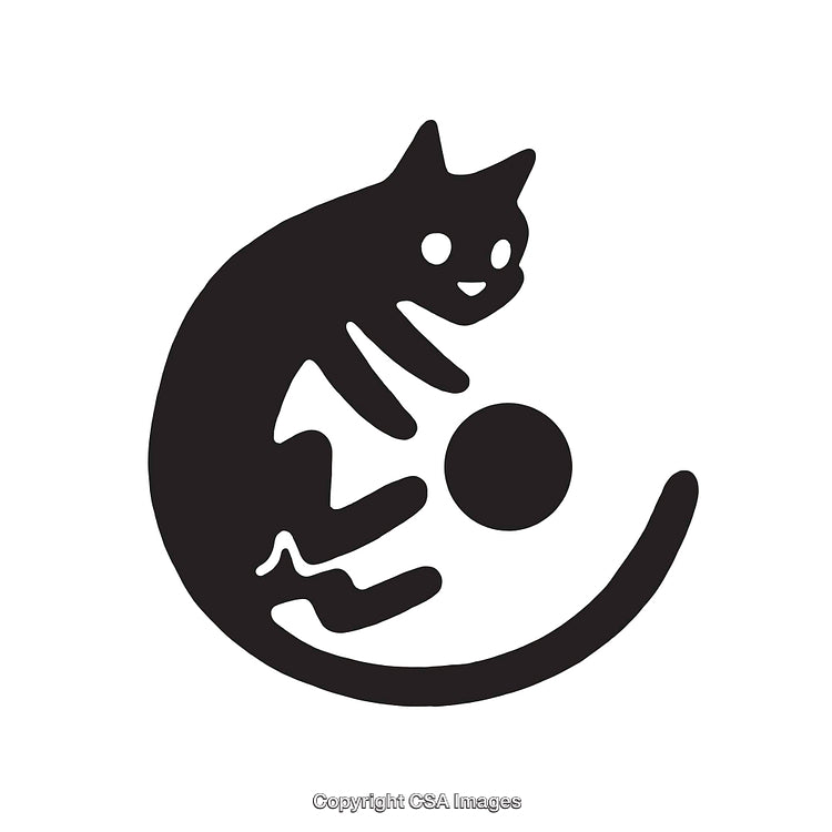 Playful Cat Silhouette With Ball in Minimalistic Black and White Design