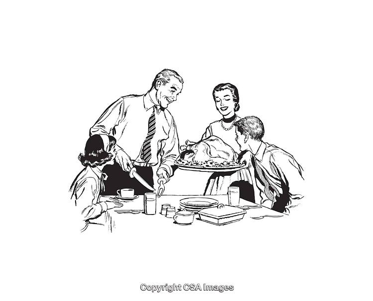 Vintage Line Art Illustration of Family Dinner with Thanksgiving Turkey