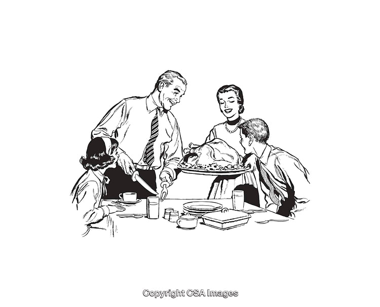 Vintage Line Art Illustration of Family Dinner with Thanksgiving Turkey