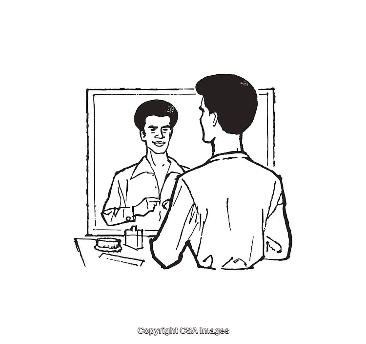 Man Adjusting Tie in Mirror as Line Art Illustration