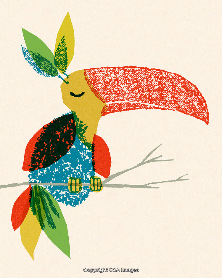 Colorful Stylized Toucan With Leaves Sitting on a Branch