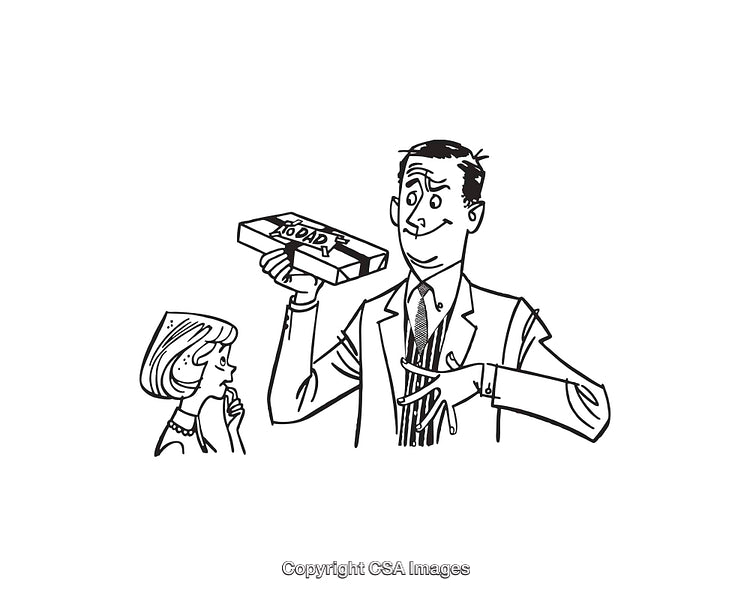 Black And White Retro Line Art Depicting a Man Offering Candy
