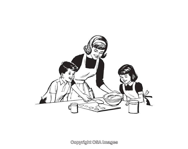 Mother and Children Baking Together in Retro Black and White Illustration