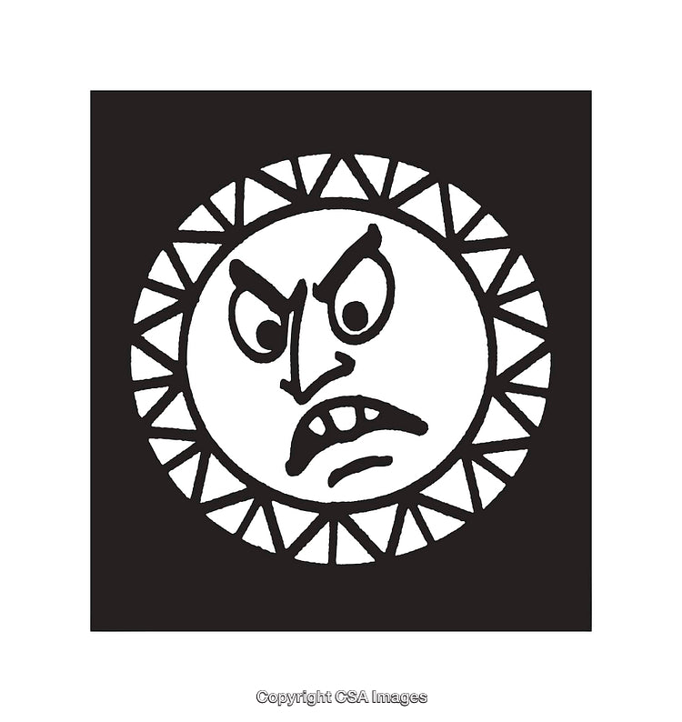 Angry Stylized Sun Icon in Monochromatic Black and White Line Art Design