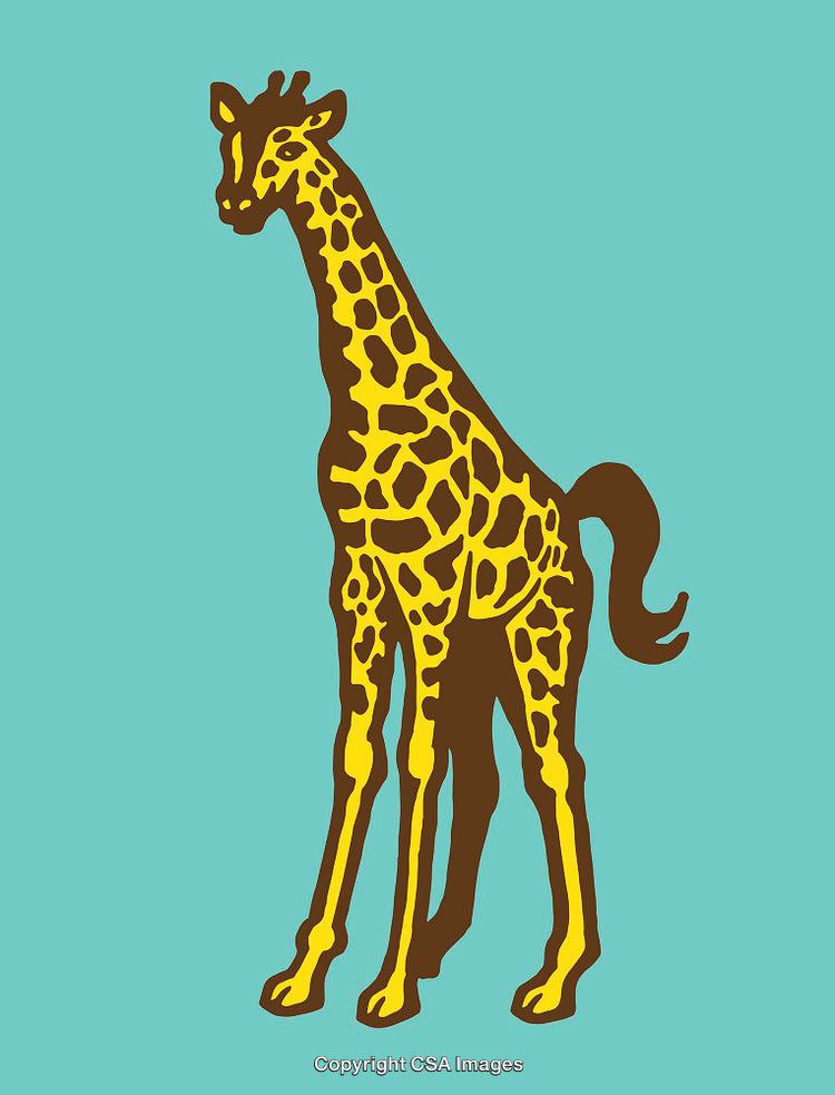 Colorful Giraffe Illustration Featuring Yellow and Brown Design on Blue Background
