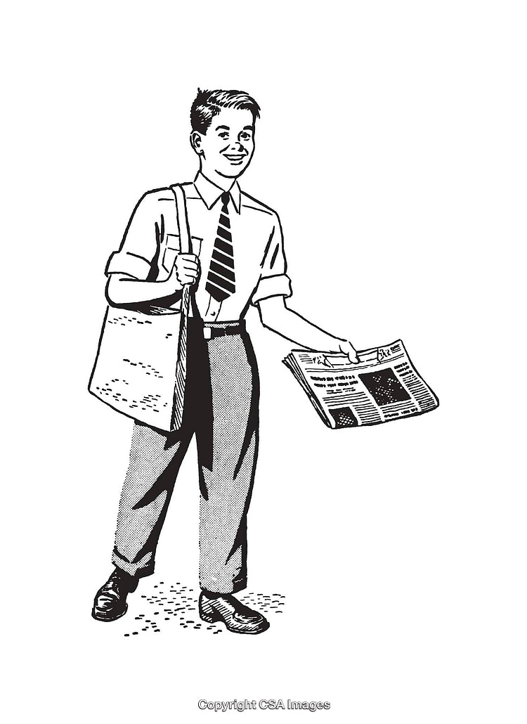 Retro Black and White Illustration of a Smiling Newspaper Delivery Boy