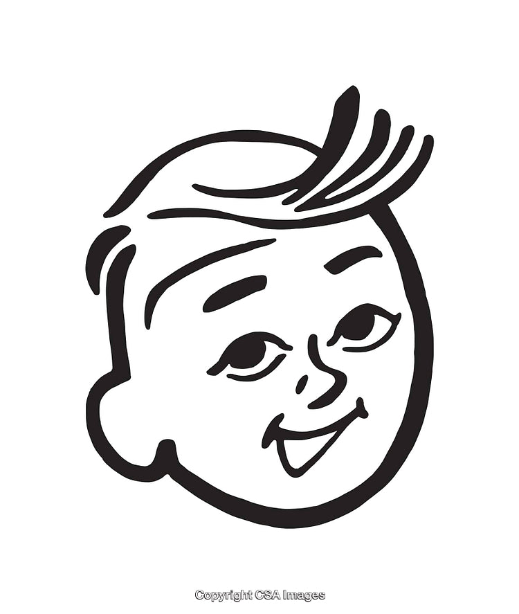 Smiling Retro Style Boy Illustration in Black and White Line Art Design
