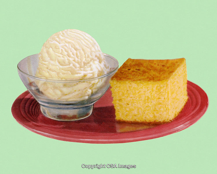 Cornbread and Ice Cream Dessert on a Red Plate with Light Green Background