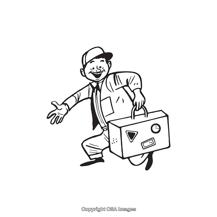 Cheerful Deliveryman Carrying a Briefcase in Black and White Illustration