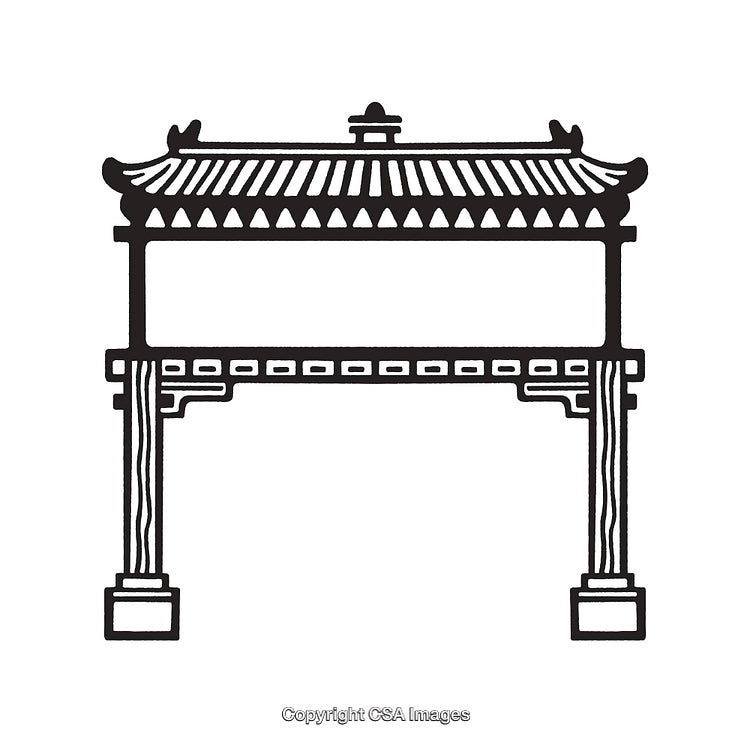 Black and White Line Art Depicting Traditional Asian Architectural Gate