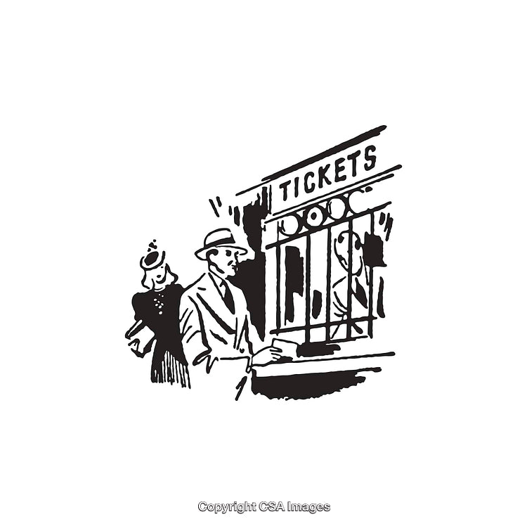 Vintage Black and White Illustration of People Buying Tickets