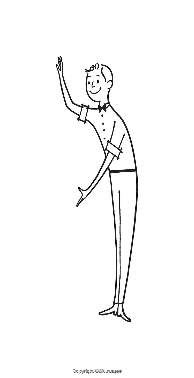 Playful Cartoon Man Gesturing in Simple Black and White Line Art Style