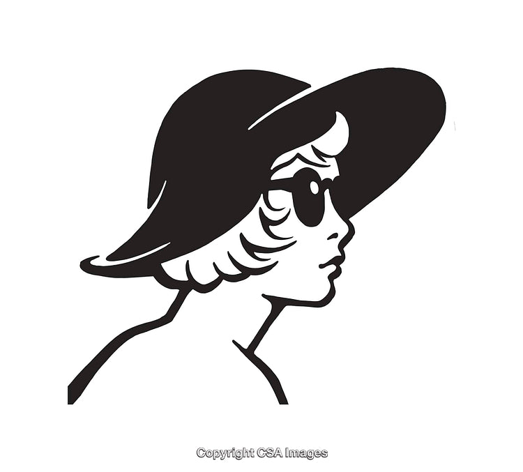 Black and White Line Art of Woman in Hat Wearing Sunglasses