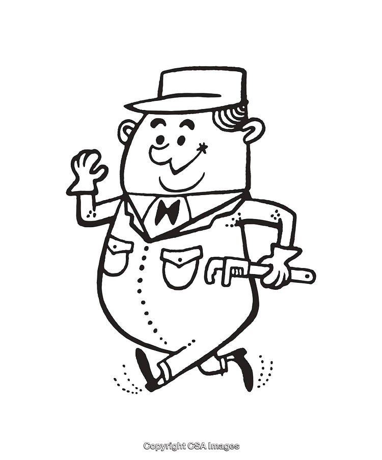 Black and White Line Art of a Cheerful Worker Holding a Wrench