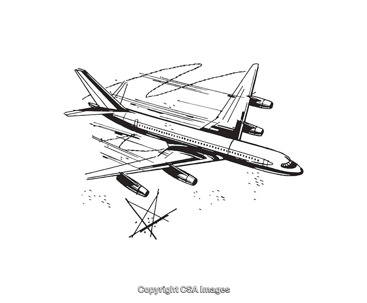 Black and White Line Art of Passenger Airplane in Flight