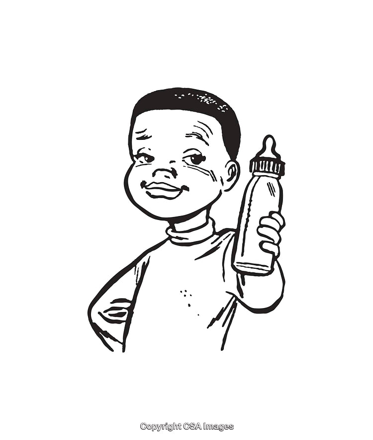 Black and White Line Art Of a Child Holding a Milk Bottle