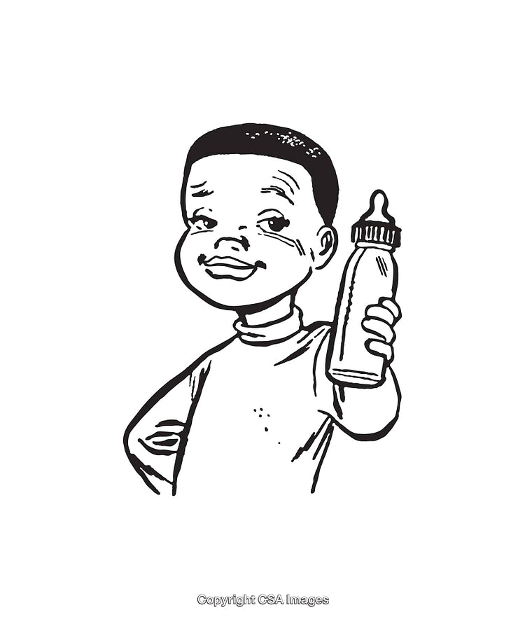 Black and White Line Art Of a Child Holding a Milk Bottle