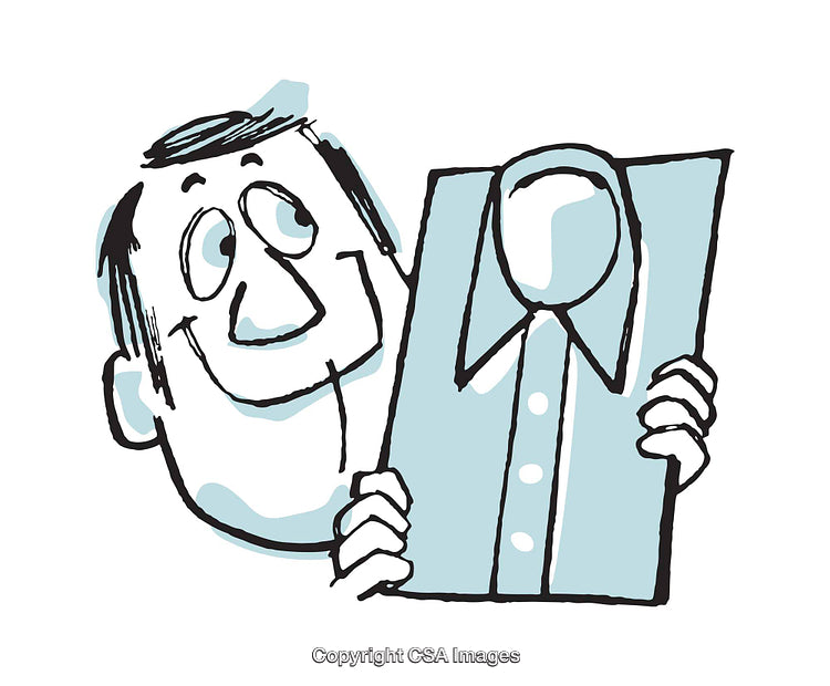 Cartoon Man Holding Up Neatly Folded Shirt with a Smile