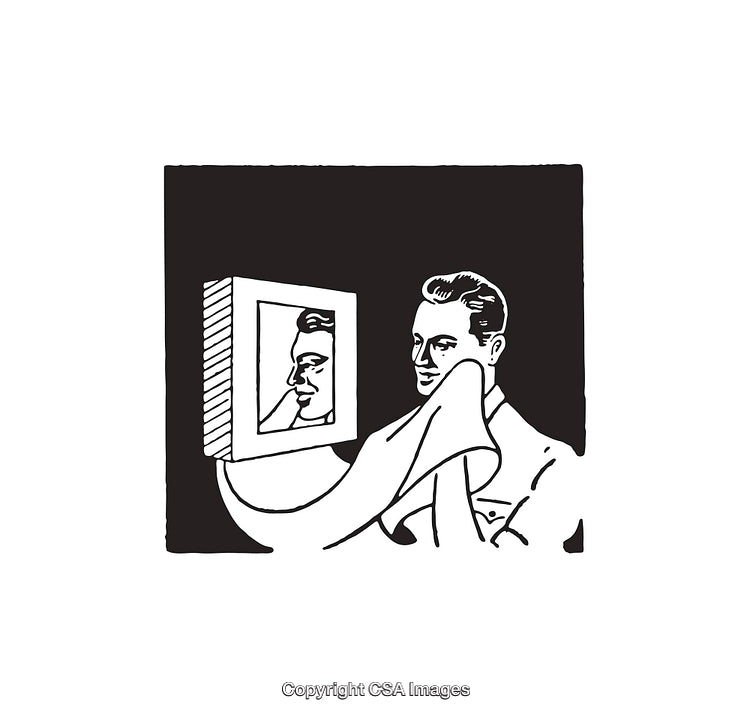 Black and White Illustration of Man Looking at Himself in a Mirror