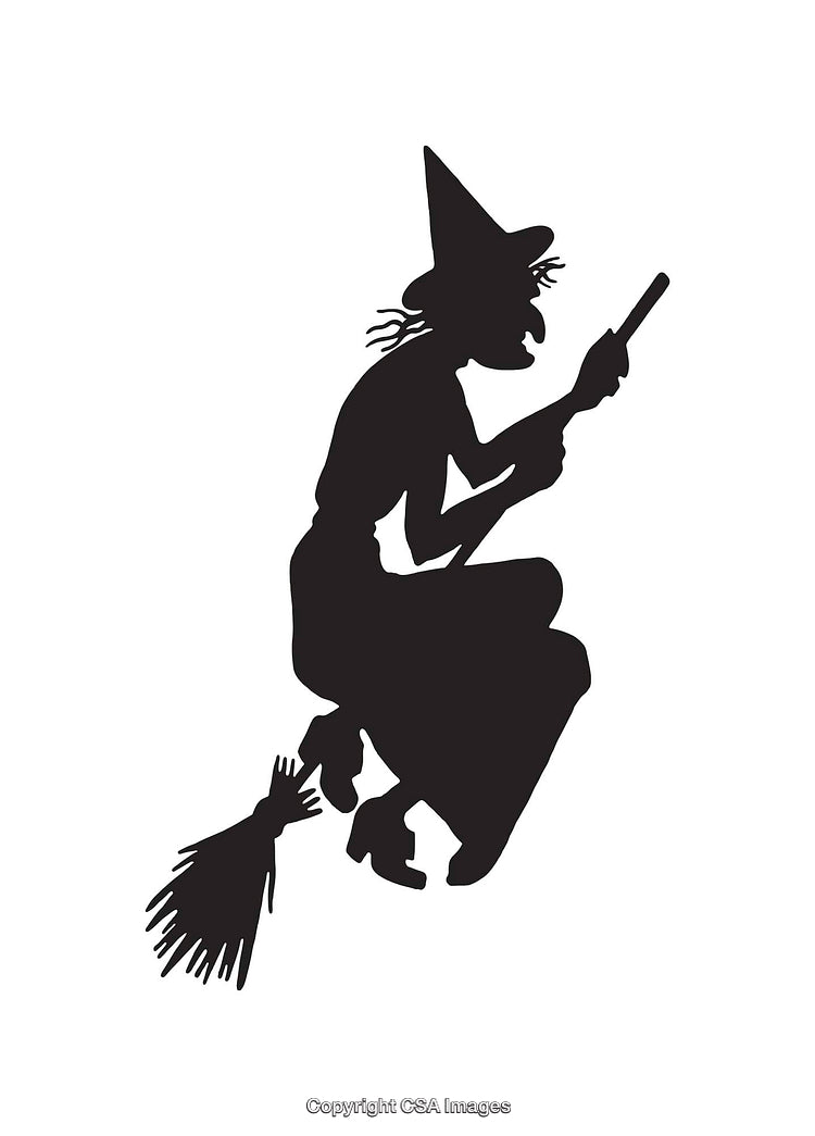 Silhouette of a Witch Flying on a Broomstick Holding a Wand