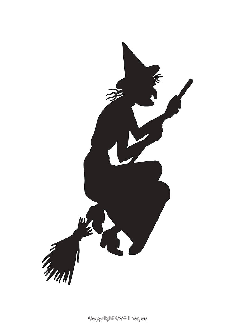 Silhouette of a Witch Flying on a Broomstick Holding a Wand