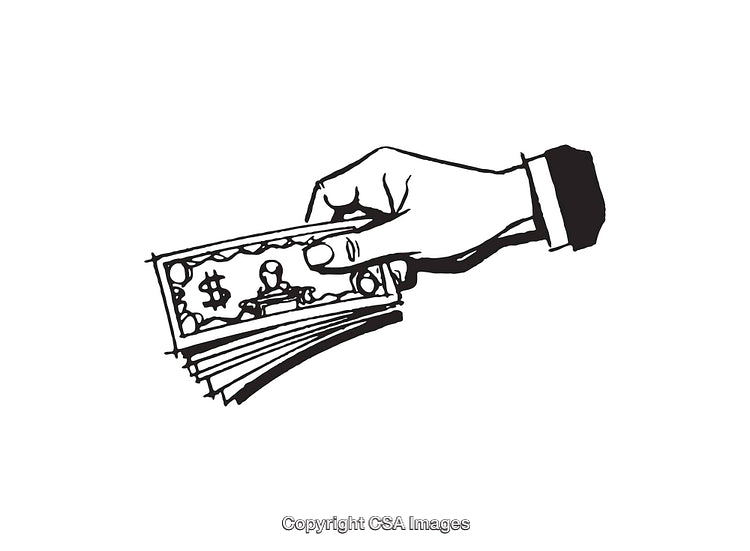 Hand Holding Stack of Dollar Bills in Black and White Line Art