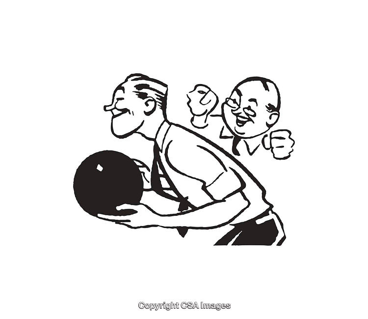 Retro Black and White Illustration of Men Enjoying Bowling Activity
