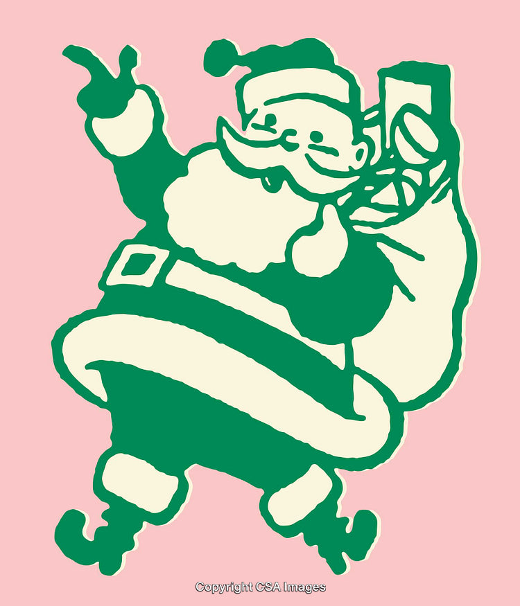Colorful Line Art of Santa Claus Holding a Bag of Gifts in Pink