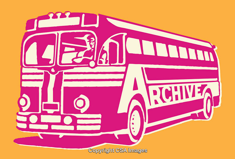 Retro Bus Line Art Illustration with Bold Colors and Typography