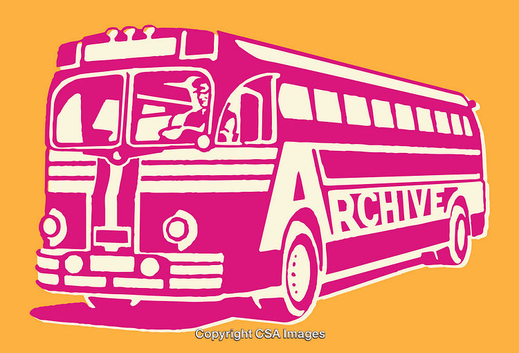 Retro Bus Line Art Illustration with Bold Colors and Typography