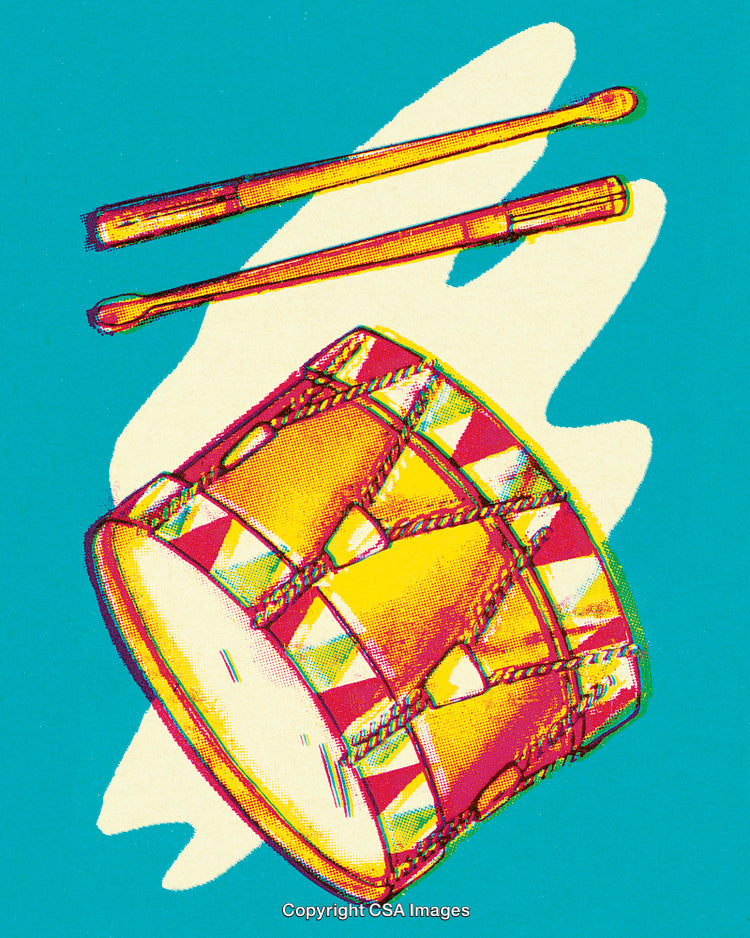 Brightly Colored Drum and Drumsticks in Pop Art Style Illustration