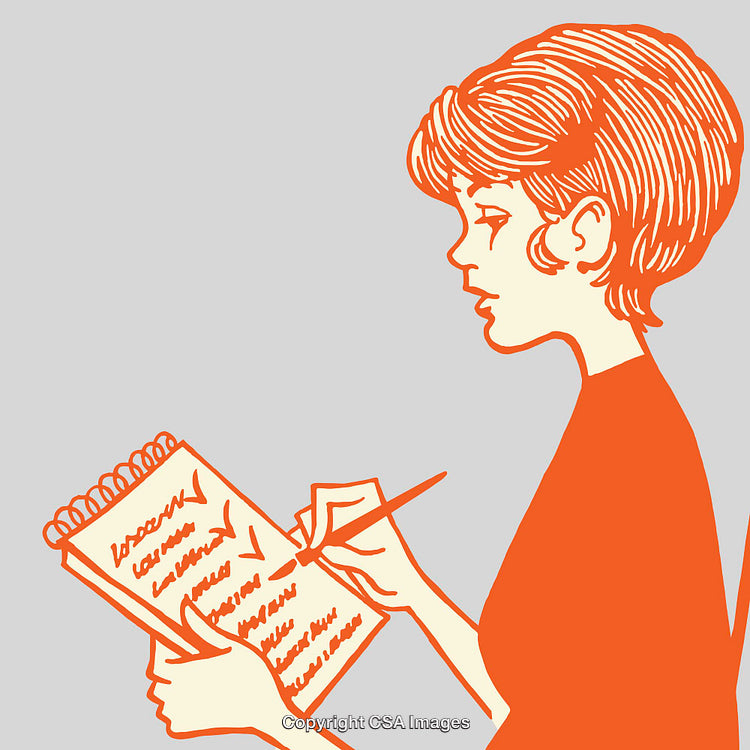 Illustrated Woman Writing on a Checklist in Orange and Gray Tones