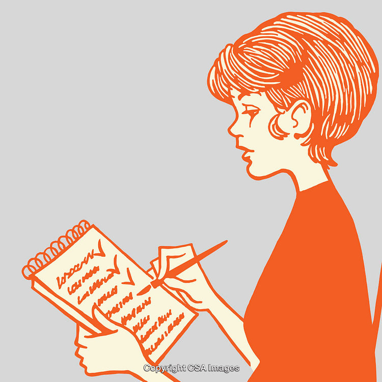 Illustrated Woman Writing on a Checklist in Orange and Gray Tones