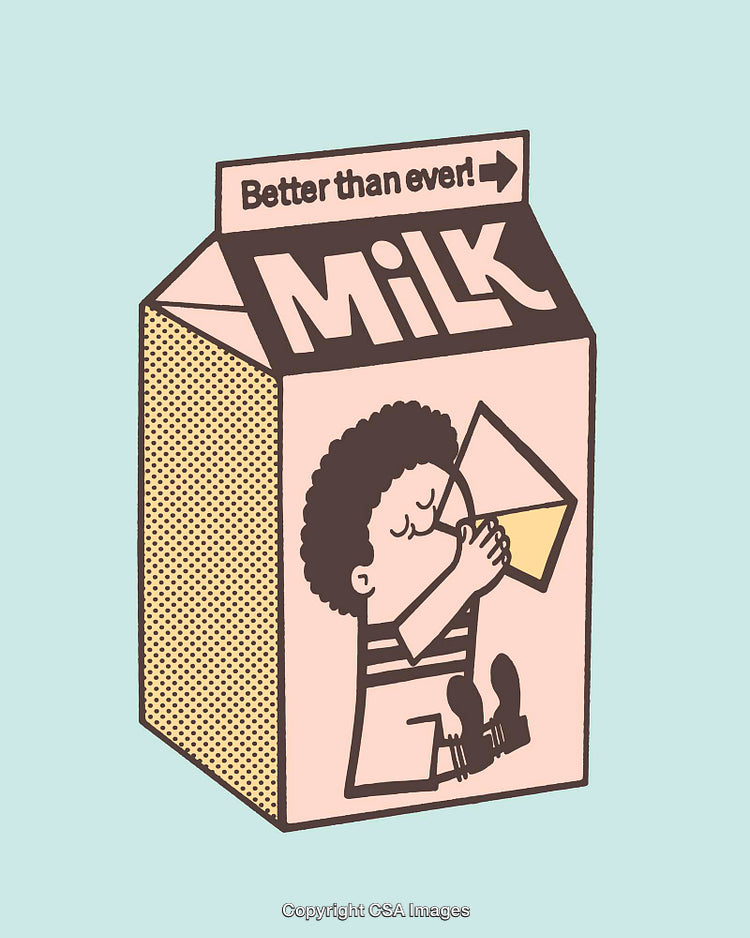 Stylized Milk Carton Illustration With Retro Design and Playful Cartoon Elements