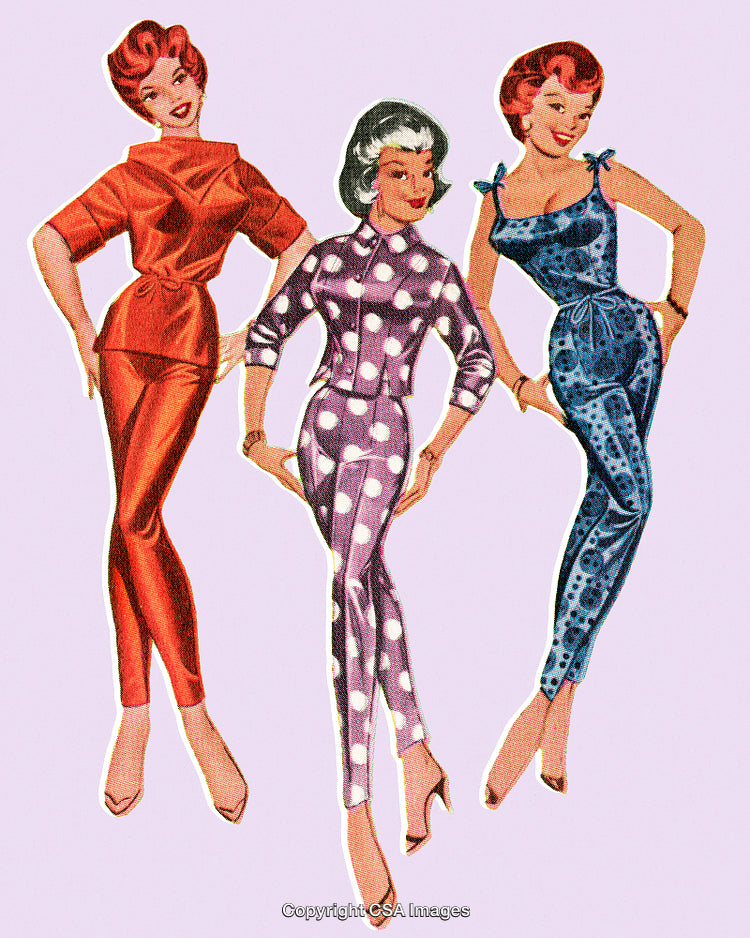 Retro Styled Women Illustrating Vintage 1950s Fashion in Diverse Bright Outfits