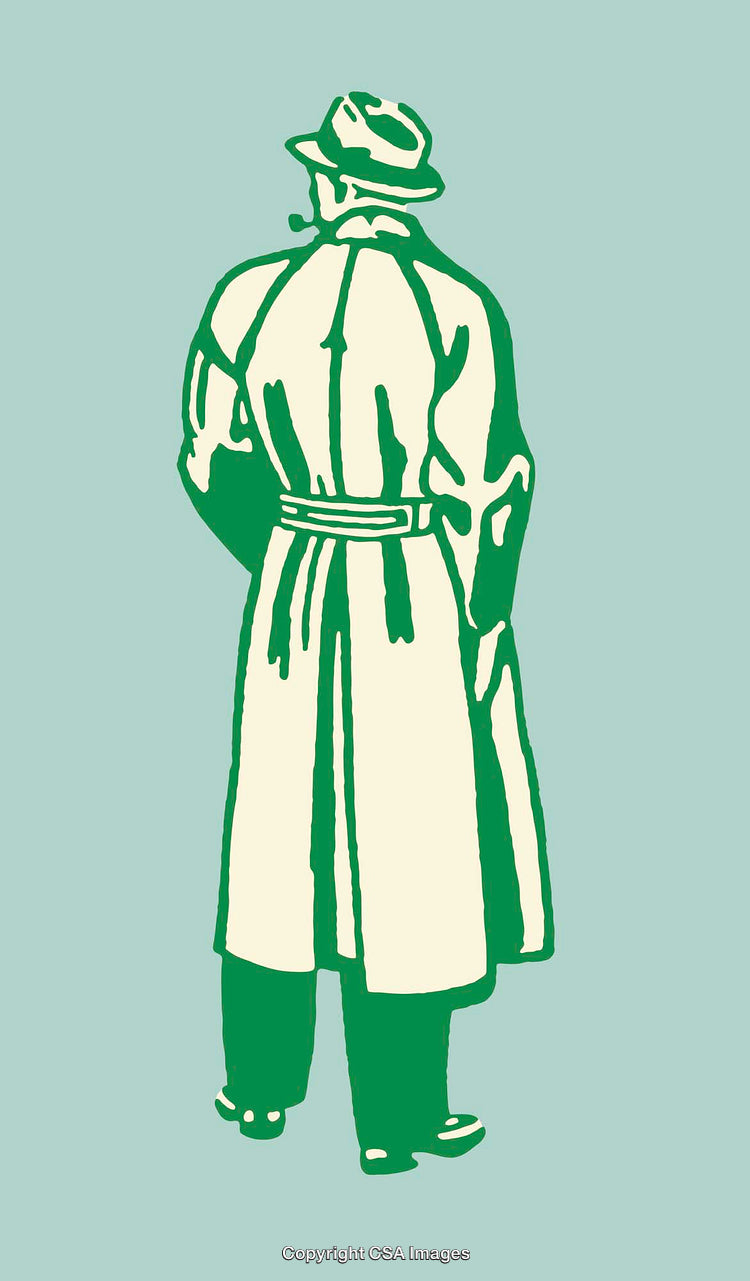Vintage Illustration of a Man in a Trench Coat and Fedora Hat