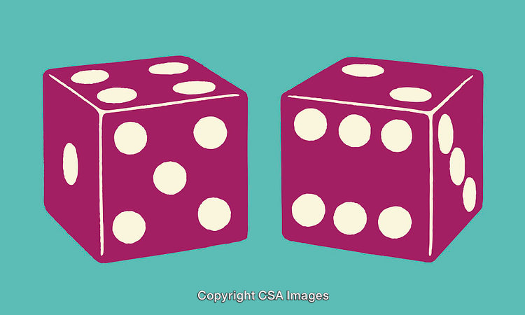 Two Purple Dice on Teal Background in Minimalistic Line Art Style