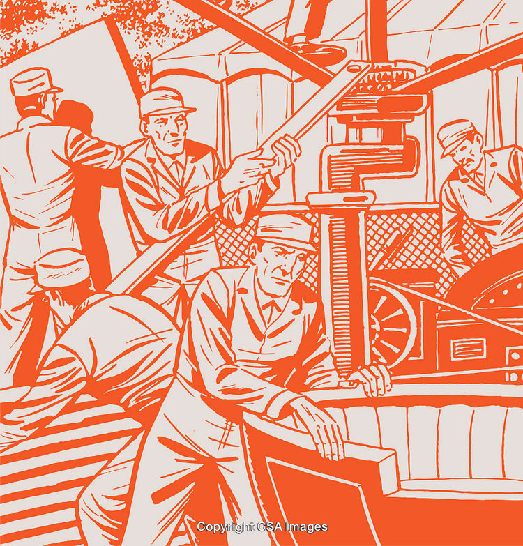 Vintage Workers Operating Machinery in Detailed Graphic Illustration
