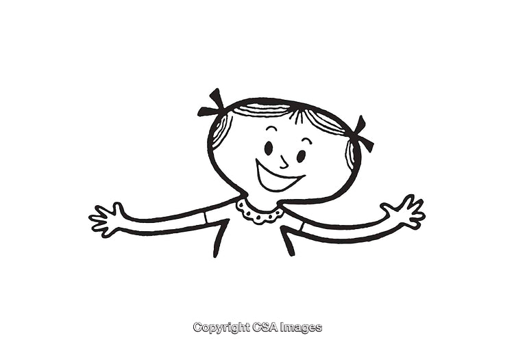 Happy Cartoon Girl with Outstretched Arms in Black and White Line Art