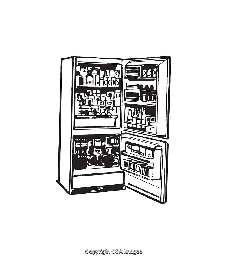 Black And White Line Art Illustration of an Open Refrigerator