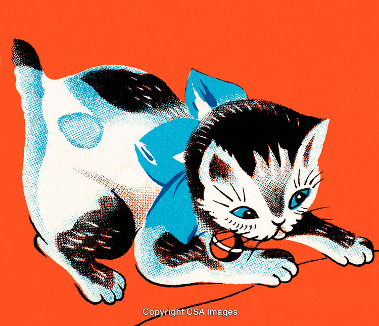 Playful Retro Cartoon Kitten on Vibrant Orange Background