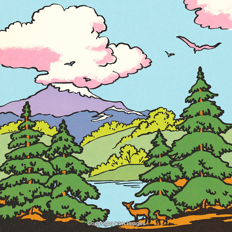 Colorful Illustration of a Nature Scene with Mountains and Forest Animals