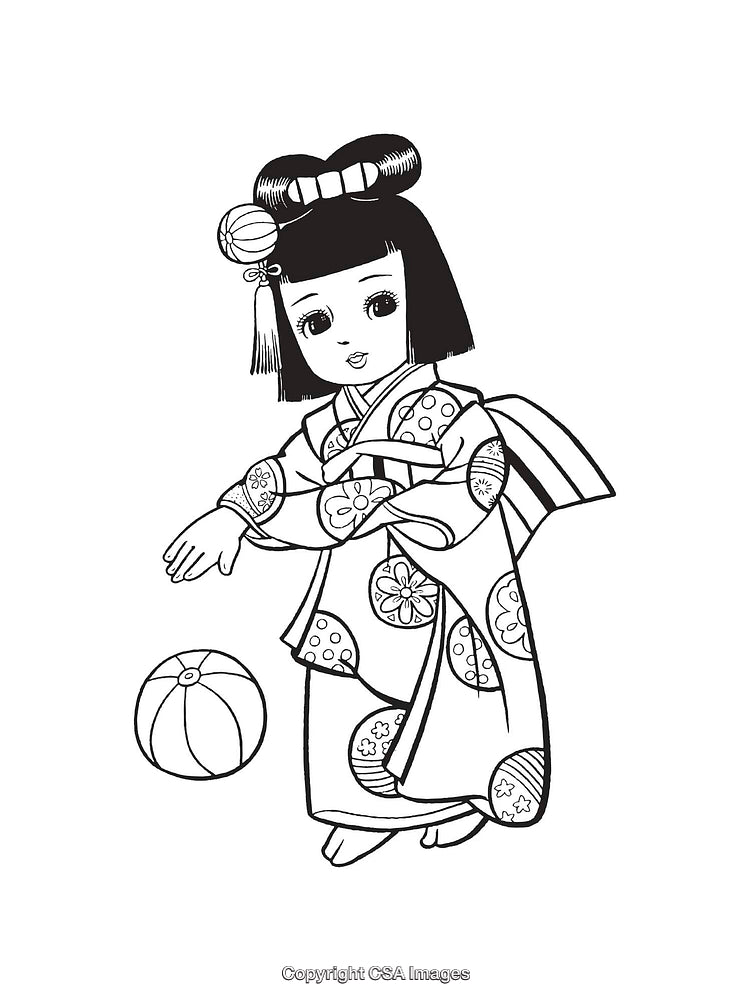 Traditional Line Art of a Girl in Kimono Playing With a Ball